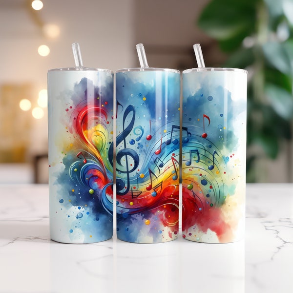 Colorful Music Notes Wrap for 20oz Skinny Tumblers | Sublimation Design | Straight | PNG | Commercial use Included