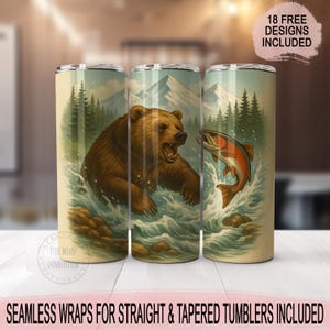 Envoltura de oso y salmón para vasos delgados de 20 oz / Diseño de sublimación / Recto y cónico / PNG / Uso comercial incluido