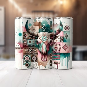 Wrap Boho Chic Taureau du Sud-Ouest pour gobelets skinny 20 oz | Conception par sublimation | Droite | PNG | Usage commercial Inclus