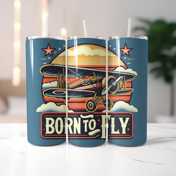Vintage Aviation Born to Fly Airplane Wrap for 20oz Skinny Tumblers | Sublimation Design | Straight | PNG | Commercial use Included