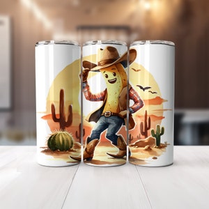 Wrap western amusant cowboy à la banane pour gobelets minces de 20 oz | Conception par sublimation | Droite | PNG | Usage commercial Inclus