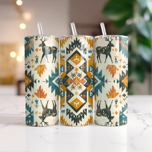 Papier d'emballage jaune et bleu à motif aztèque du sud-ouest pour gobelets skinny 20 oz | Conception par sublimation | Droite | PNG | Usage commercial Inclus