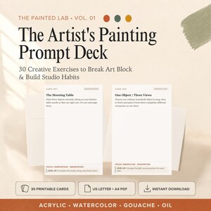 May include: The Artist's Painting Prompt Deck Vol. 01 features 30 creative exercises to break art block. Two white cards are displayed: Card #01 The Morning Table and Card #02 One Object / Three Views. Includes 30 printable cards, US letter and A4 PDF.