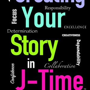 May include: A motivational poster with the words "Re-Creating Your Story in J-Time" in a colorful word cloud. The words "Nothing Can Defeat a Transformed Mind" are printed below the word cloud. The poster is on a black background.