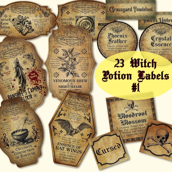 Vintage Halloween witch potion labels printable, witchcraft apothecary labels, witch kitchen decor, witch ingredients tags, digital download