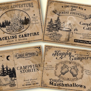 Vintage Camping Kerzenetiketten, DIY Kerzenetiketten, Lagerfeuer, Smore, Kaffee, Buch, Kerzenetiketten, Sommerlager Liebhabergeschenk, digitaler Download