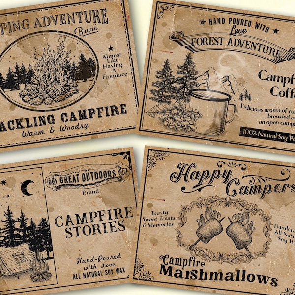 Vintage Camping candle labels, DIY candle labels, campfire, smore, coffee, book ,candle labels, summer camp lover gift, digital download