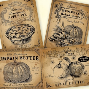 Etiquetas vintage para despensa de outono, clipart de outono para Ação de Graças, etiquetas para potes de abóbora e maçã, download digital de arte de decoração de colheita