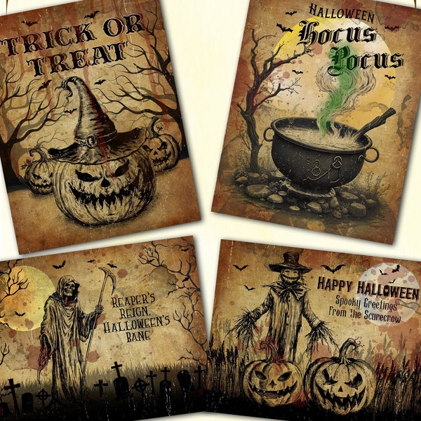 Vintage Halloween labels printable, witch cauldron, Jack O lantern, scarecrow, grim reaper images decor, craft labels, digital download