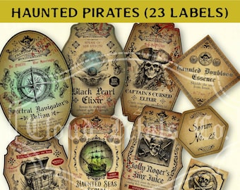 May include: A selection of vintage-style labels with a pirate theme. The labels feature illustrations of treasure chests, skulls, ships, and nautical elements. Text includes "Haunted Pirates" and various potion names like "Black Pearl Elixir" and "Jolly Roger's Fire Juice."
