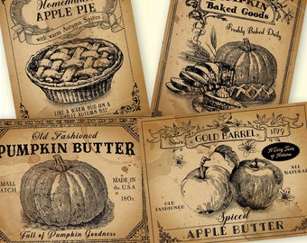 Vintage Fall Pantry labels, Thanksgiving Fall Autumn clipart graphics, pumpkin apple jar labels,  harvest decor art digital download