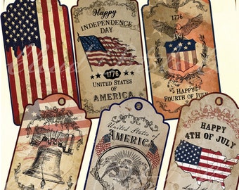 Etiquetas colgantes vintage del 4 de julio, decoración patriótica (descarga digital)