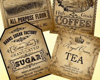 Vintage Pantry Label Set: Coffee, Flour, Sugar, Tea (Digital Download)