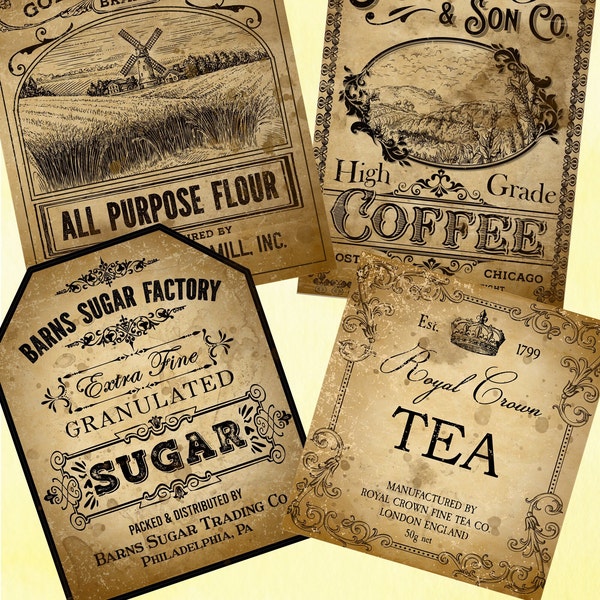 Vintage Kitchen label for vintage kitchen decor primitive farmhouse printable pantry jar label Coffee flour sugar tea jar primitive kitchen