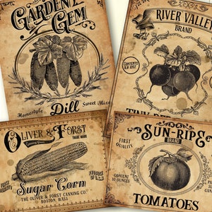 Vintage Küchenetiketten, Gemüseetiketten zum Bedrucken, Gartenetiketten, Konservenetiketten, Küchenetiketten, Basteletiketten, Mais, Tomaten, Gurken, Rüben