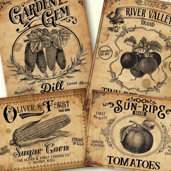 Vintage Kitchen label, vegetable label printable, garden label, canning label, kitchen clipart, craft label, corn, tomatoes, pickle, beet