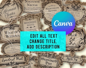 Editable Vintage Halloween Labels, Witch Apothecary DIY Decor (Canva Template)