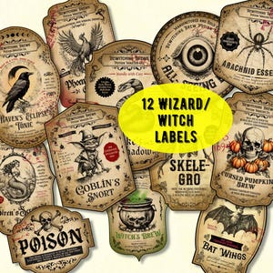 Vintage Halloween Labels, DIY Halloween, Wizard Potion labels, Witch bottle, Witch kitchen decor, Apothecary labels, Digital download