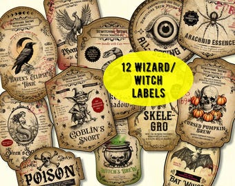 May include: A collection of twelve vintage-style wizard and witch labels. The labels feature illustrations of a raven, phoenix, snake, eye, spider, goblin, skull, mermaid, cauldron, and bat. The text "12 WIZARD/WITCH LABELS" is in the center.