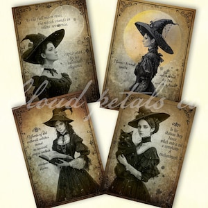 Vintage Halloween viktorianische Hexe Bild druckbare, 5 "x 3,5" Halloween Karten, witchy Dekor, Wicca Kunst, digitaler Download