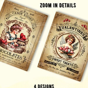 Puede incluir: Etiquetas de San Valent&iacute;n de estilo vintage con ilustraciones de Cupido. Las etiquetas tienen un aspecto envejecido con texto como "Candy Kisses" y "Sweet Treats". La imagen tambi&eacute;n muestra "4 Designs 3 Sizes".