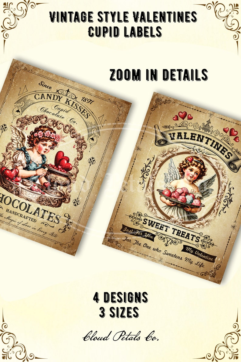 Puede incluir: Etiquetas de San Valent&iacute;n de estilo vintage con ilustraciones de Cupido. Las etiquetas tienen un aspecto envejecido con texto como "Candy Kisses" y "Sweet Treats". La imagen tambi&eacute;n muestra "4 Designs 3 Sizes".
