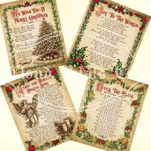 Letras de canciones navideñas vintage imprimibles, decoración navideña, Te deseamos una feliz Navidad, adorna los pasillos, alegría para el mundo, descarga digital