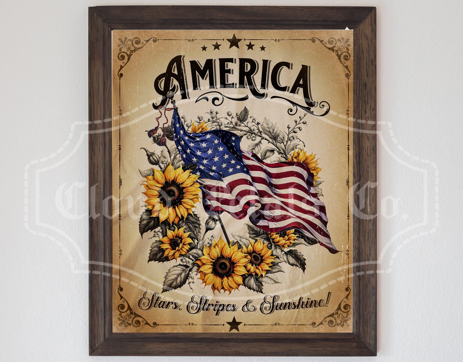 Vintage 4th of July Wall Art, Printable Patriotic Sunflower ...