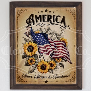 Vintage 4th of July Wall art, printable Patriotic Sunflower, Independence day wall art, USA flag, Americana art, digital download