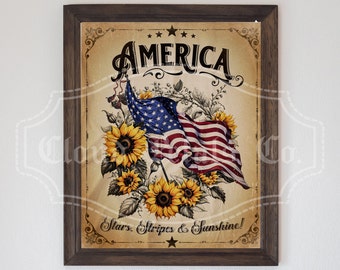 art mural vintage du 4 juillet, tournesol patriotique imprimable, art mural jour de l'indépendance, drapeau des Etats-Unis, art Americana, téléchargement numérique