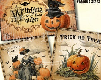 Vintage Halloween Printable Labels: Black Cat, Jack-o'-Lantern (Digital Download)