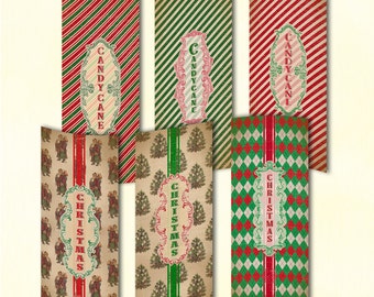 étiquettes longues verticales de Noël vintage, décoration de Noël imprimable, canne en bonbon, papier numérique de Noël, bricolage de Noël, téléchargement numérique