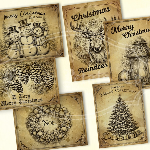 Vintage Christmas Labels printable, Xmas decor, Christmas Jar labels, DIY craft, Snowman, Reindeer, Christmas Tree, digital download