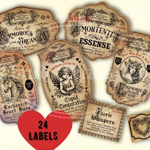 Vintage Valentine Potion Labels, Apothecary Witchcraft Labels (Digital Download)