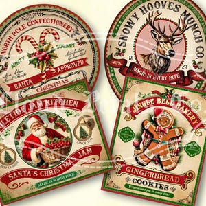 Vintage Weihnachtsetiketten, druckbare Weihnachtsglasdekor, Weihnachtsbäckerei, DIY Handwerk, Zuckerstangen, Lebkuchen, Weihnachtsmann, Rentier, digitaler Download