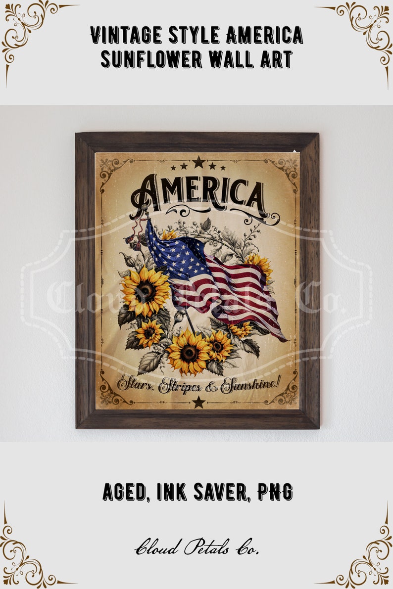 art mural vintage du 4 juillet, tournesol patriotique imprimable, art mural jour de l'indépendance, drapeau des Etats-Unis, art Americana, téléchargement numérique image 2