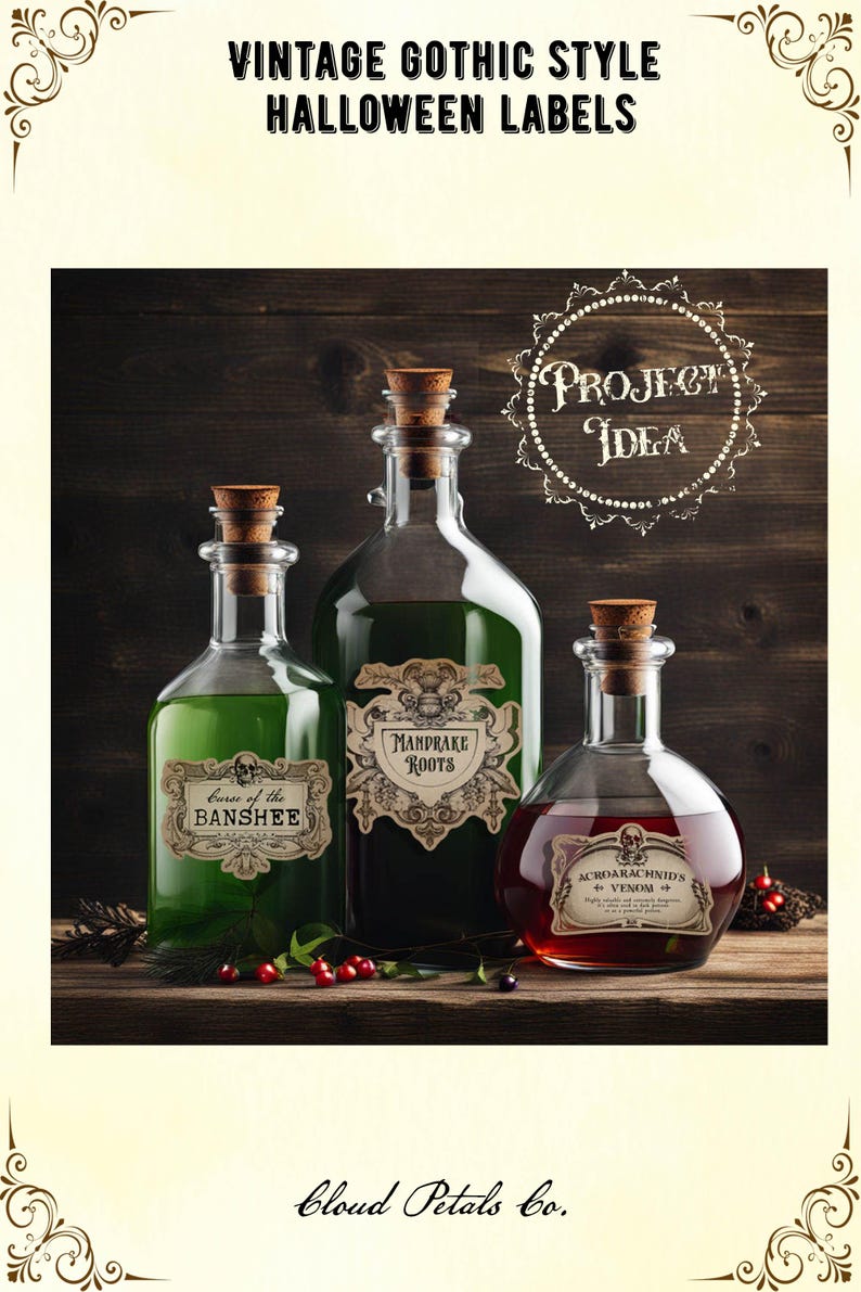 Puede incluir: Tres botellas de vidrio vintage con tapones de corcho, llenas de l&iacute;quidos verdes y rojos, y etiquetadas con dise&ntilde;os g&oacute;ticos de Halloween. Las etiquetas dicen "Curse of the Banshee", "Mandrake Roots" y "Acroarachnids Venom". La imagen tiene el texto "Vintage Gothic Style Halloween Labels".