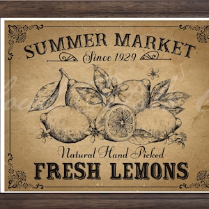 Vintage lemon farm fresh sign printable, lemon sign wall art print, farmhouse lemon farm decor, primitive style lemon art