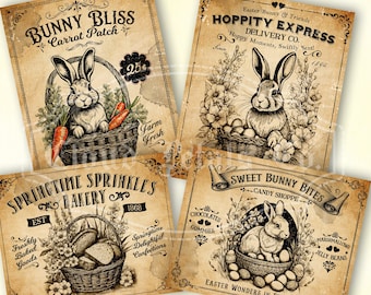 Vintage Easter labels, printable Easter rabbit decor, DIY Easter craft, Easter tags, bunny print, Easter eggs, digital download