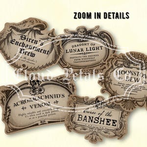 Puede incluir: Etiquetas de Halloween de estilo g&oacute;tico vintage. Las etiquetas en tonos sepia presentan marcos ornamentados y textos como "Draught of Lunar Light" y "Acroakachnid's Venom". Incluyen adornos decorativos.