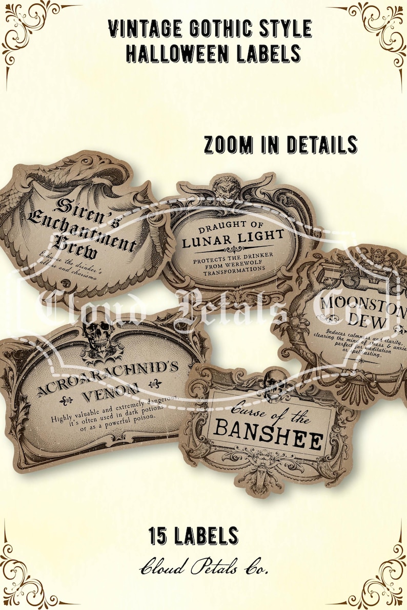 Puede incluir: Etiquetas de Halloween de estilo g&oacute;tico vintage. Las etiquetas en tonos sepia presentan marcos ornamentados y textos como "Draught of Lunar Light" y "Acroakachnid's Venom". Incluyen adornos decorativos.