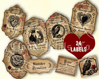 Etiquetas góticas para pociones de San Valentín, decoración de frascos de boticario de brujería (descarga digital)