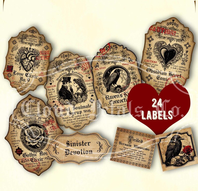 Etiquetas góticas para pociones de San Valentín, decoración de frascos de boticario de brujería (descarga digital) imagen 1