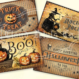 Könnte beinhalten: Vier Halloween-Schilder im Vintage-Stil mit Kürbissen, einer schwarzen Katze und einer Hexe. Die Schilder zeigen Sätze wie "Trick or Treat", "Hocus Pocus" und "Happy Haunting Halloween to You". Die Farbpalette umfasst Orange, Braun und Schwarz.