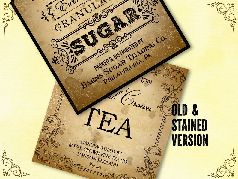 May include: Two vintage-style labels, one for "SUGAR" and the other for "TEA". The sugar label is from Barns Sugar Trading Co., Philadelphia, PA. The tea label is from Royal Crown Fine Tea Co., London, England. The labels have a distressed, aged appearance.