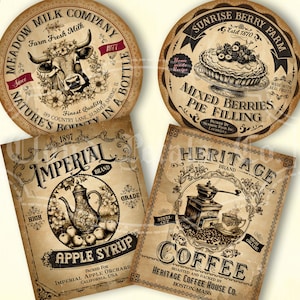 Etichette da cucina vintage, etichette stampabili per barattoli, decorazioni primitive in stile fattoria, artigianato fai da te, mucca, mela, caffè, download digitale