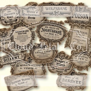 Puede incluir: Un conjunto de 15 etiquetas de Halloween de estilo g&oacute;tico vintage. Las etiquetas, con nombres como "Nightmare Nectar" y "Dragon's Blood", presentan bordes ornamentados y un efecto de papel envejecido. Ideal para manualidades o eventos tem&aacute;ticos. Cada etiqueta mide unos 10 cm de largo.