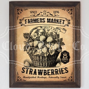 enseigne aux fraises du marché de producteurs vintage, art mural imprimable aux fraises, art aux fraises, ferme vintage, enseigne bricolage, téléchargement numérique