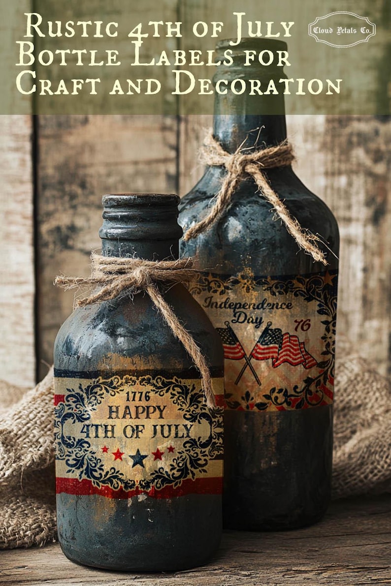Puede incluir: Etiquetas r&uacute;sticas para botellas del 4 de julio para manualidades y decoraci&oacute;n. Dos botellas de estilo vintage con etiquetas con dise&ntilde;os patri&oacute;ticos, incluyendo banderas y el texto "1776 Happy 4th of July" e "Independence Day 76".