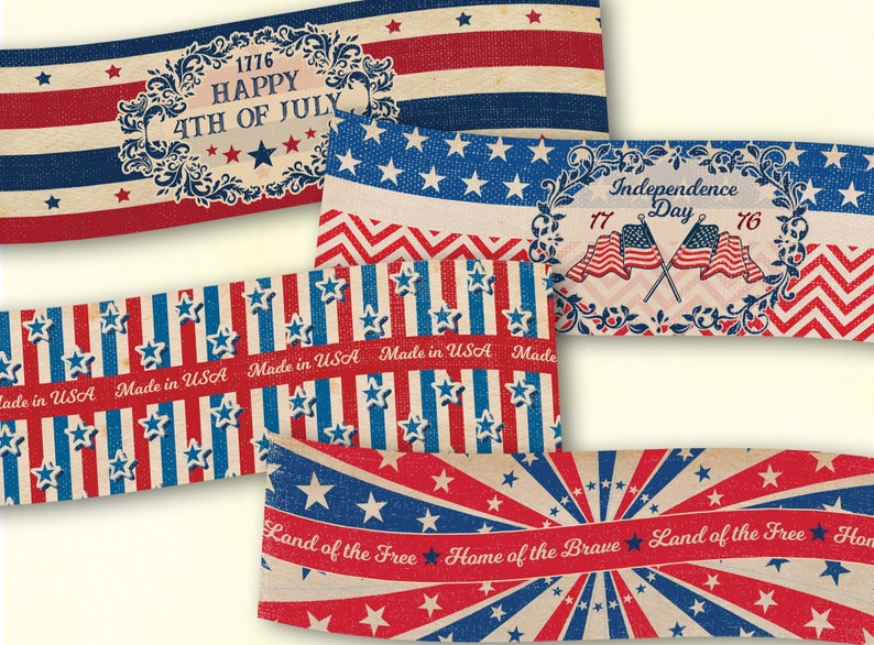 Puede incluir: Una colecci&oacute;n de cintas patri&oacute;ticas con dise&ntilde;os en rojo, blanco y azul. Algunas cintas presentan estrellas, rayas y texto que dice "Happy 4th of July", "Independence Day" y "Land of the Free, Home of the Brave". Las cintas son Made in USA.
